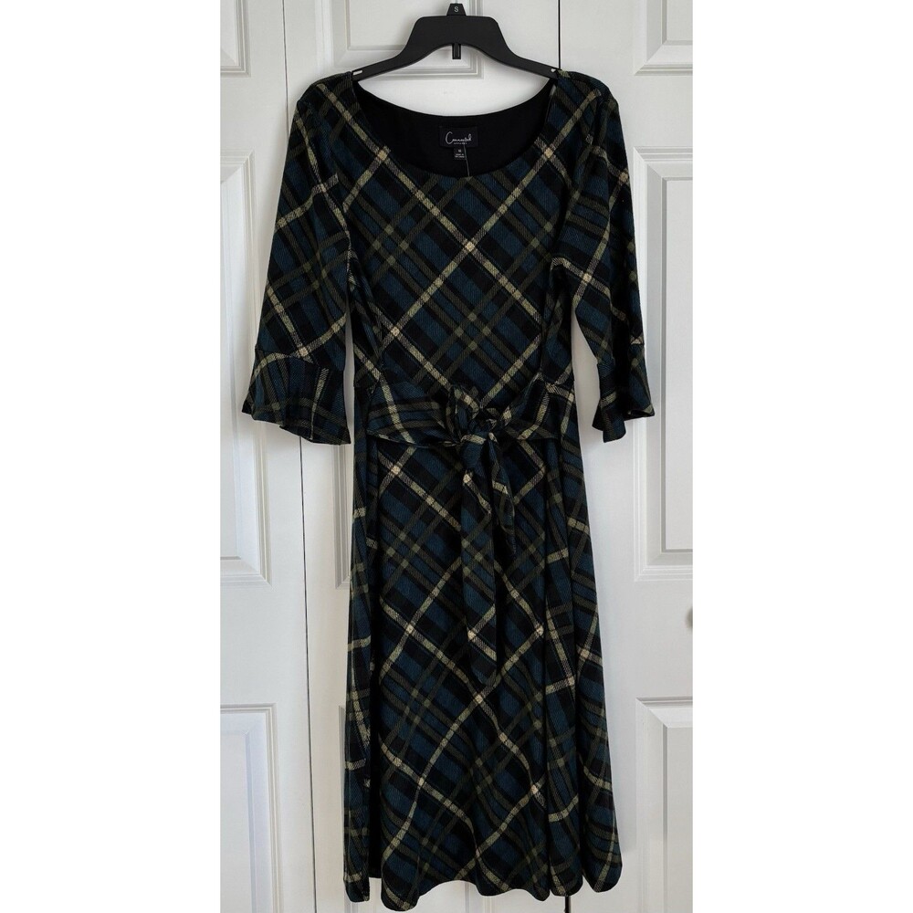 CONNECTED APPAREL PLAID TIE WAIST BELL SLEEVE MIDI DRESS PULLON SCOOP NECK